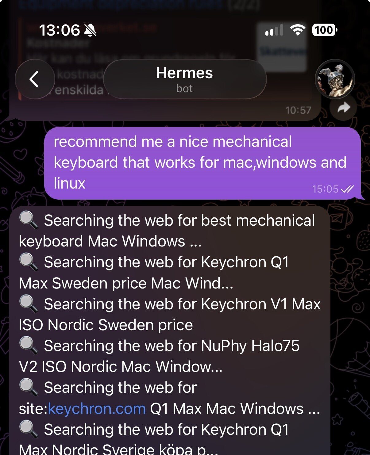Conversation with hermes bot about research keyoboard purchase