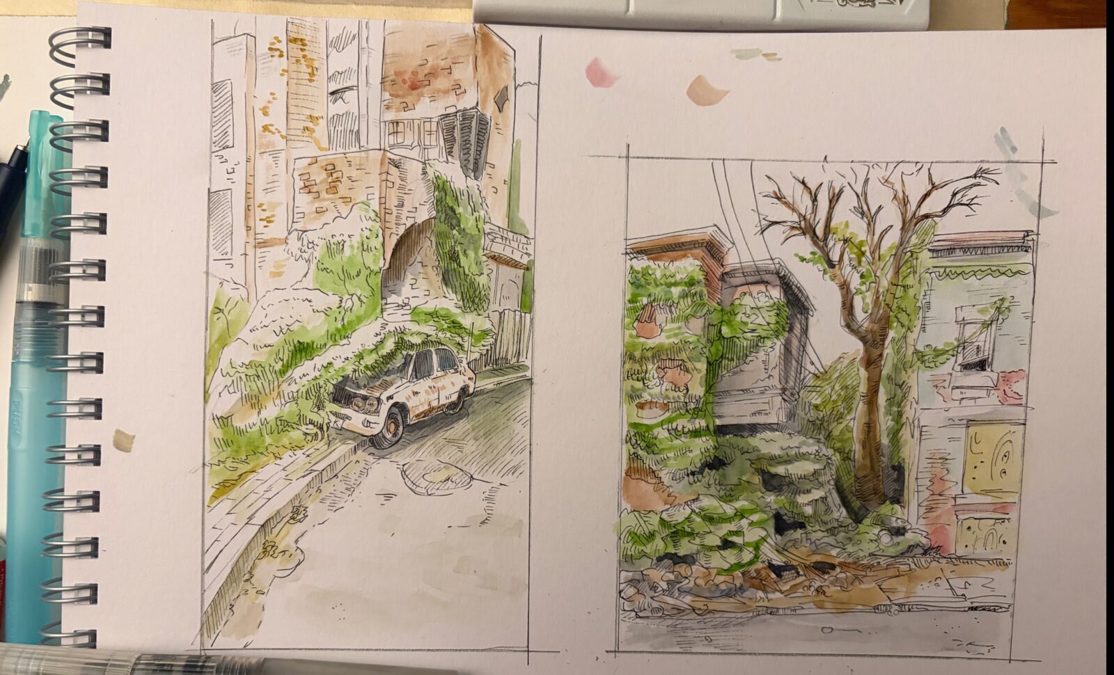 Watercolor tree and car study